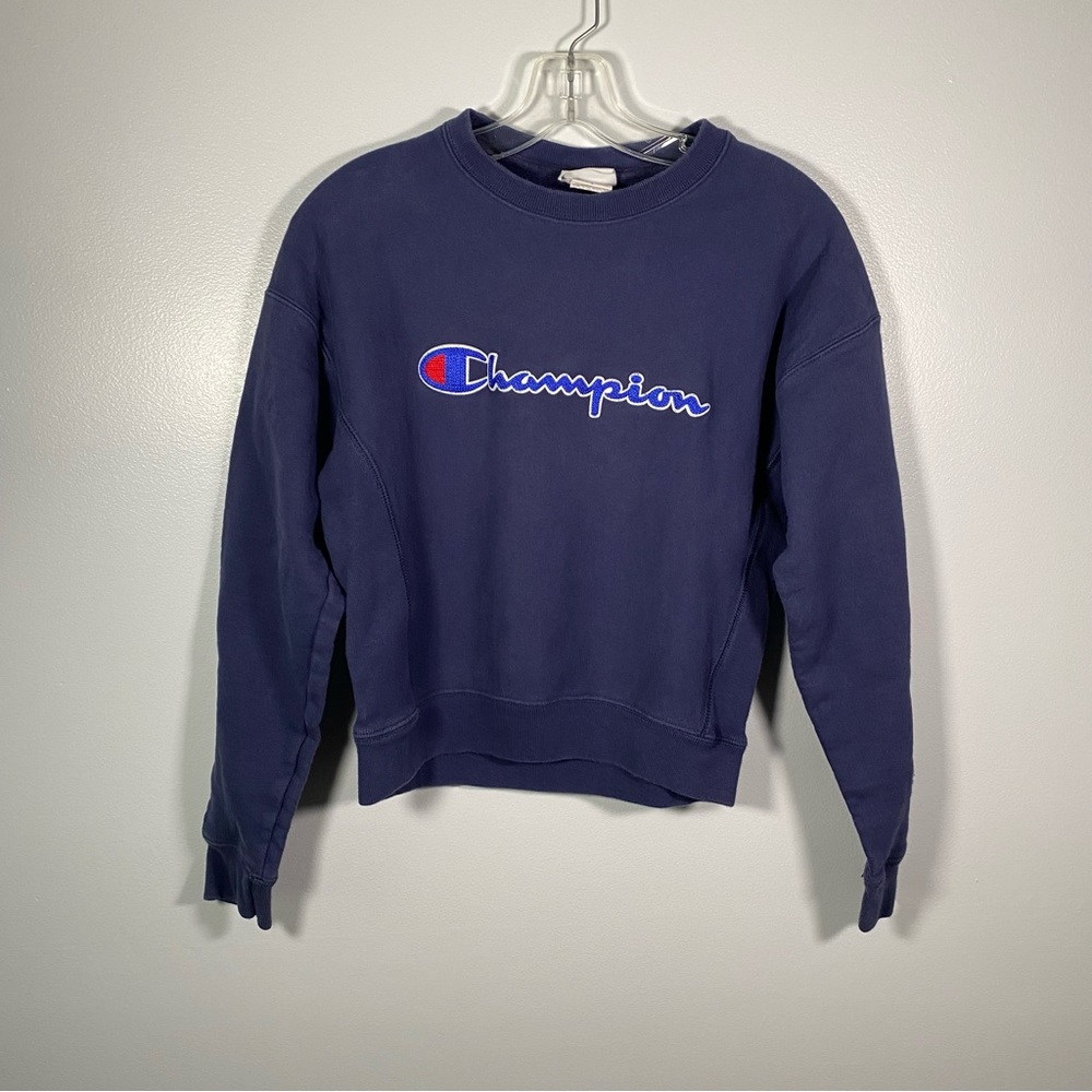 Champion Reverse Weave Chenille Spellout small blue Vintage 90s